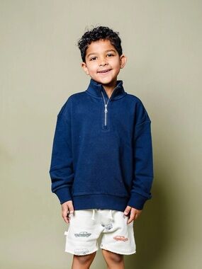 New Childhoods Clothing The Quarter Zip Pullover in League Blue 4T